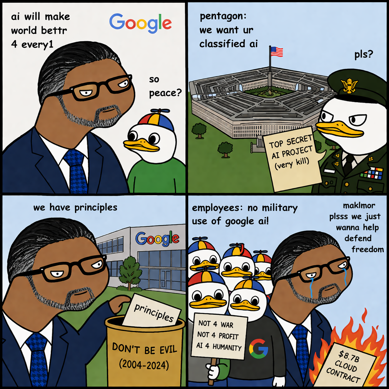 Four-panel Dolan cartoon about Google AI, employees, and Pentagon contracts.